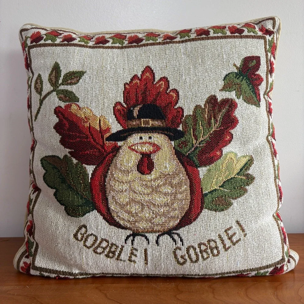 Thanksgiving Turkey Gobble Gobble Woven Tapestry Throw Pillow Autumn Decor Tan